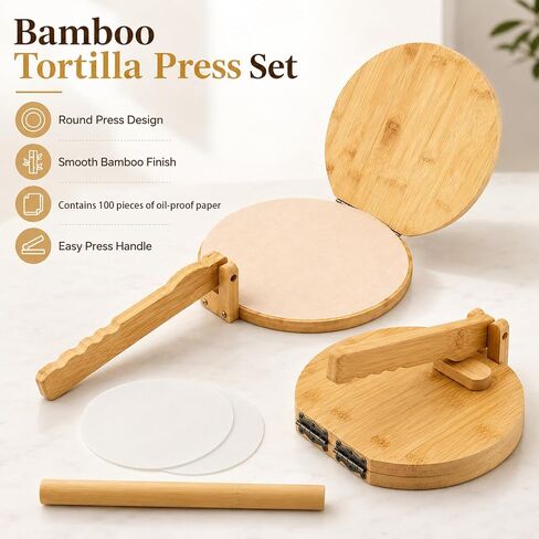 10 Inch Bamboo Round Tortilla Press Set, Mexican Tortilla Maker with 100 Parchment Papers and Rolling pin, Homemade Corn&Flour Flatbread Press for Mexican Tacos, Roti, Patacones in Saudi Arabia