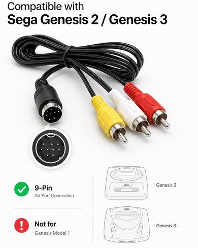 AV Cable for Sega Genesis 2 and Genesis 3, 6FT / 1.8M Composite RCA Audio Video Cable, 9-Pin Console Connector to Yellow White Red RCA Plugs, Connects Genesis 2 3 to TV in Kuwait