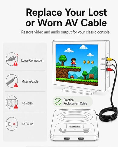 AV Cable for Sega Genesis 2 and Genesis 3, 6FT / 1.8M Composite RCA Audio Video Cable, 9-Pin Console Connector to Yellow White Red RCA Plugs, Connects Genesis 2 3 to TV in Kuwait
