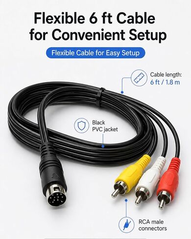 AV Cable for Sega Genesis 2 and Genesis 3, 6FT / 1.8M Composite RCA Audio Video Cable, 9-Pin Console Connector to Yellow White Red RCA Plugs, Connects Genesis 2 3 to TV in Kuwait