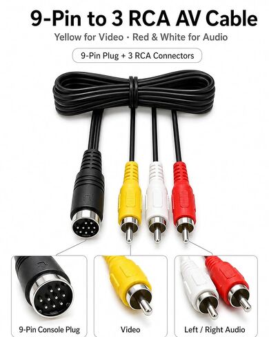 AV Cable for Sega Genesis 2 and Genesis 3, 6FT / 1.8M Composite RCA Audio Video Cable, 9-Pin Console Connector to Yellow White Red RCA Plugs, Connects Genesis 2 3 to TV in Kuwait