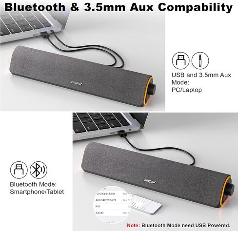 سماعات كمبيوتر بلوتوث من SOULION لشاشة سطح المكتب تعمل بمنفذ USB | يعمل بمنفذ USB مقاس 3.5 ملم، وأضواء LED ملونة، وزر تشغيل، وصوت واضح وغني، وقماش قابل للتنفس، ومكبر صوت محيطي in Kuwait