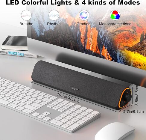 سماعات كمبيوتر بلوتوث من SOULION لشاشة سطح المكتب تعمل بمنفذ USB | يعمل بمنفذ USB مقاس 3.5 ملم، وأضواء LED ملونة، وزر تشغيل، وصوت واضح وغني، وقماش قابل للتنفس، ومكبر صوت محيطي in Kuwait