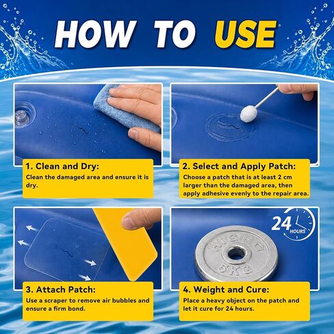 Air Mattress Patch Kit, 60 ml, Waterproof PVC Glue and Vinyl Patches | For inflatable mattresses, pools, boats, kayaks and rafts, for repairing punctures, tears and leaks in Saudi Arabia