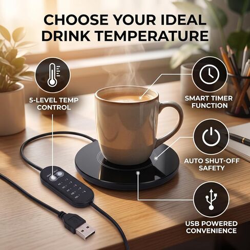Cup Warmer, 5 Temperature Adjustable Timer USB 10W | Steady Warmth for Coffee Tea Milk, Auto Off Timer Saves Power, Slim 7mm Base Fits Desks and Nightstands, for and Students in Saudi Arabia