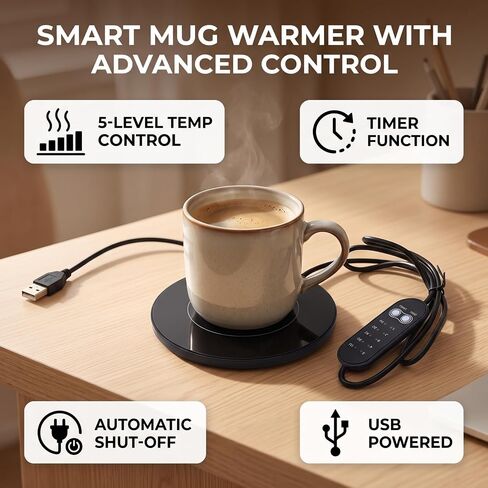 Cup Warmer, 5 Temperature Adjustable Timer USB 10W | Steady Warmth for Coffee Tea Milk, Auto Off Timer Saves Power, Slim 7mm Base Fits Desks and Nightstands, for and Students in Saudi Arabia