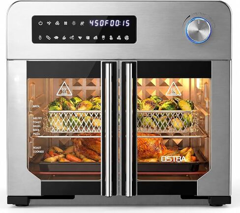 OSTBA French Door Air Fryer Toaster Oven Combo, 24QT 10-in-1 Oven | 1700W Heating, Adjustable Fan Speed, Rotisserie Function, 102-Recipe Book, Removable Crumb Tray, Stainless Steel Finish in Saudi Arabia