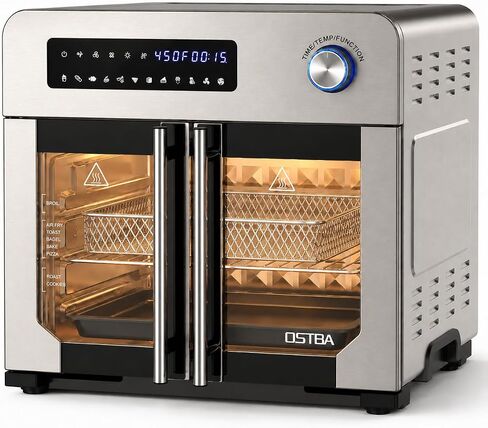 OSTBA French Door Air Fryer Toaster Oven Combo, 24QT 10-in-1 Oven | 1700W Heating, Adjustable Fan Speed, Rotisserie Function, 102-Recipe Book, Removable Crumb Tray, Stainless Steel Finish in Saudi Arabia