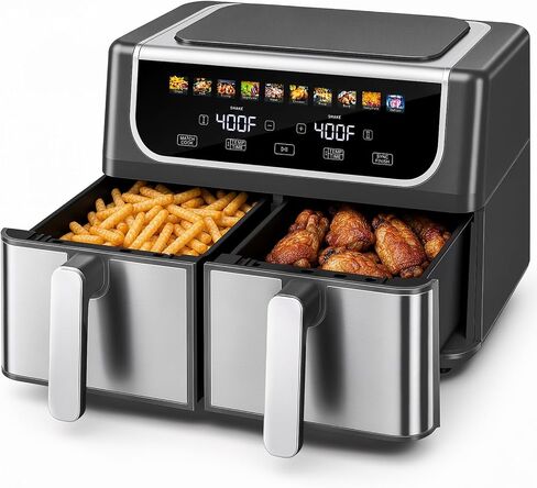 OLIXIS Dual Air Fryers with 2 Baskets 9.5 Quarts Large Airfryer 10-in-1 | Independent Temp Control 80-450°F, Ceramic Crisper Plate, Sync Setting, Shake Reminder, Bake Broil Defrost Dehydrate, Black in Kuwait