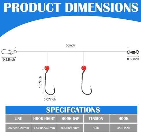 12 Pcs Sea Bass High Low Rigs Fishing Saltwater Surf Fishing Rigs Size 3/0 Bait Hook 60lb Heavy Duty 80lb Swivel Sinker Loop with Bait Beads for Fluke Porgy Snapper Croaker Trout Tautog Spot Pompano in Saudi Arabia