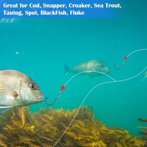 12 Pcs Sea Bass High Low Rigs Fishing Saltwater Surf Fishing Rigs Size 3/0 Bait Hook 60lb Heavy Duty 80lb Swivel Sinker Loop with Bait Beads for Fluke Porgy Snapper Croaker Trout Tautog Spot Pompano in Saudi Arabia