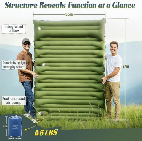 Double Sleeping Pad for Camping, 6" Extra-Thick Reinforced 2 Person Inflatable Camping Sleeping Pad, Inflatable Sleeping Mat with Built-in Foot Pump, for Tent, Backpacking, Hiking & Outdoor Gear in Saudi Arabia