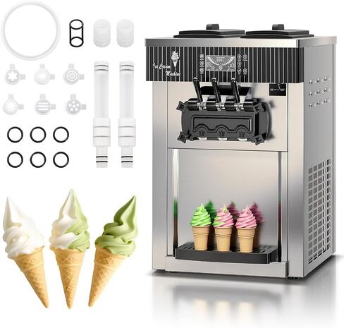 Soft Serve Ice Cream Machine,28 QT/H Yield 2450W Vertical Commercial Ice Cream Machine With 2x6L Hopper 3 Dispensers,LCD Panel Auto Clean Pre-cooling,Frozen Yogurt Maker for Restaurant Snack Bar in Saudi Arabia