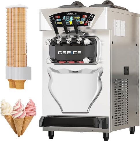 Commercial Soft Serve Ice Cream Machine 3 Flavor, Countertop Soft Serve Machine 22–28 L/hr, 2×6L Hoppers, 110V 1600W, Frozen Yogurt Machine with Pre-Cool, Night Mode, Low Mix Alert, One-Touch Clean in Saudi Arabia