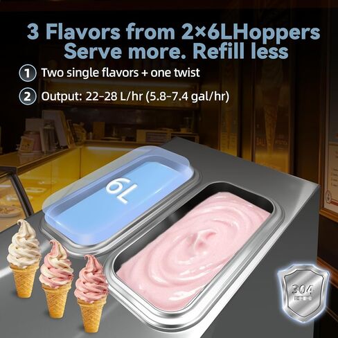 Commercial Soft Serve Ice Cream Machine 3 Flavor, Countertop Soft Serve Machine 22–28 L/hr, 2×6L Hoppers, 110V 1600W, Frozen Yogurt Machine with Pre-Cool, Night Mode, Low Mix Alert, One-Touch Clean in Saudi Arabia