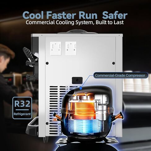 Commercial Soft Serve Ice Cream Machine 3 Flavor, Countertop Soft Serve Machine 22–28 L/hr, 2×6L Hoppers, 110V 1600W, Frozen Yogurt Machine with Pre-Cool, Night Mode, Low Mix Alert, One-Touch Clean in Saudi Arabia