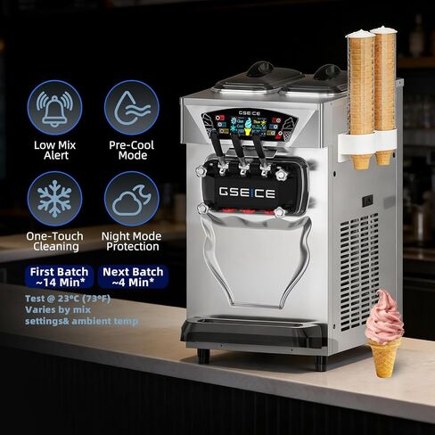 Commercial Soft Serve Ice Cream Machine 3 Flavor, Countertop Soft Serve Machine 22–28 L/hr, 2×6L Hoppers, 110V 1600W, Frozen Yogurt Machine with Pre-Cool, Night Mode, Low Mix Alert, One-Touch Clean in Saudi Arabia
