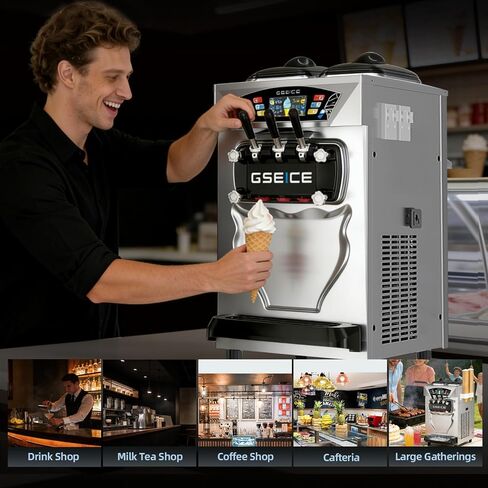 Commercial Soft Serve Ice Cream Machine 3 Flavor, Countertop Soft Serve Machine 22–28 L/hr, 2×6L Hoppers, 110V 1600W, Frozen Yogurt Machine with Pre-Cool, Night Mode, Low Mix Alert, One-Touch Clean in Saudi Arabia