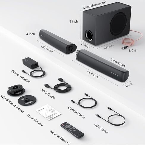 Sound Bar with Subwoofer, 110W Sound Bar for Smart TV with Adjustable Deep Bass & Volume Boost & 3 Equalizer Modes, Bluetooth/ARC/Opt/AUX, Detachable Soundbar for TV/PC/Gaming/Projectors in Kuwait