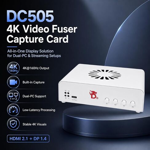 بطاقة التقاط فيديو Fuser DC505 4K للكمبيوتر الشخصي المزدوج وإعداد البث | إخراج 4K160 هرتز؛ التقاط مدمج؛ دعم جهاز كمبيوتر مزدوج؛ معالجة بزمن انتقال منخفض؛ صور ثابتة بدقة 4K؛ حل عرض الكل في واحد in Kuwait