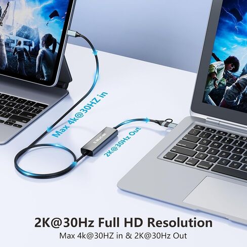 1080P 60FPS 2K@30Hz Capture Card, Type C to USB-A/C Video Capture Card USB 3.0 with 100W Power Delivery Ultra-Low Latency for Streaming, Recording, Gaming Compatible with Switch, iPad, Steam in Saudi Arabia