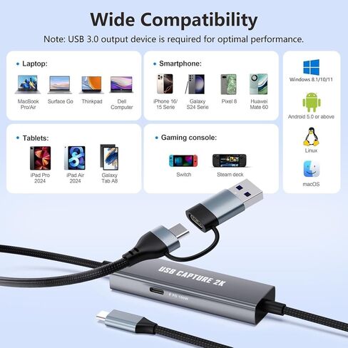 1080P 60FPS 2K@30Hz Capture Card, Type C to USB-A/C Video Capture Card USB 3.0 with 100W Power Delivery Ultra-Low Latency for Streaming, Recording, Gaming Compatible with Switch, iPad, Steam in Saudi Arabia