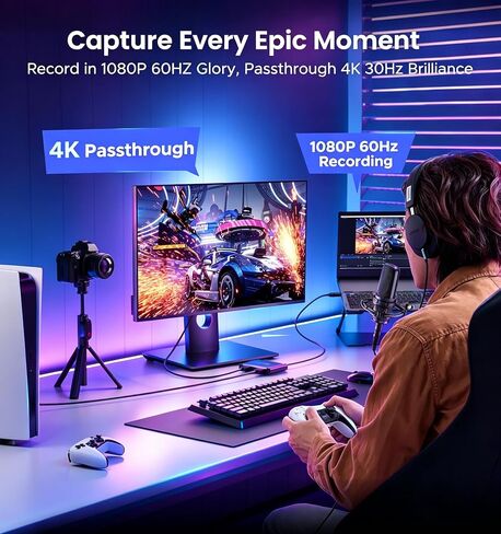 Bytewave USB 3.0 Video Capture Card for Streaming, 1080P 60Hz HDMI Video Recording with 4K30 Pass-Through, Plug & Play Cam Link Aluminum Low Latency Type-C Device for Nintendo Switch 2, PS5, Xbox, OBS in Saudi Arabia