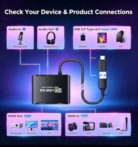 Bytewave USB 3.0 Video Capture Card for Streaming, 1080P 60Hz HDMI Video Recording with 4K30 Pass-Through, Plug & Play Cam Link Aluminum Low Latency Type-C Device for Nintendo Switch 2, PS5, Xbox, OBS in Saudi Arabia