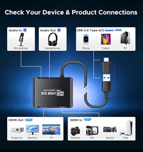 ByteWave USB 3.0 HDMI Video Capture Card, 4K Passthrough, HD 1080P60 Output | Metalshell, Plug & Play, HDMI to USB C Audio Video Game Capture Device for Streaming, Cam Link for Switch2/PS5/Xbox/PC/OBS in Saudi Arabia