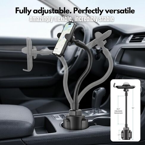 Cup Holder Phone Mount 15 Inch Adjustable Gooseneck Arm for Car | Adjustable long arm and stable cup holder base keep your phone secure, easy to reach, and clear to view while driving in Saudi Arabia