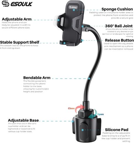 Cup Holder Phone Mount 15 Inch Adjustable Gooseneck Arm for Car | Adjustable long arm and stable cup holder base keep your phone secure, easy to reach, and clear to view while driving in Saudi Arabia