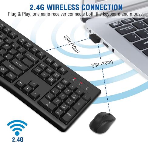 مجموعة لوحة مفاتيح وماوس لاسلكية للكمبيوتر من EDJO، USB 2.4 جيجا هرتز، التوصيل والتشغيل | تصميم بالحجم الكامل، مفاتيح هادئة، 12 مفتاح تشغيل سريع للوسائط المتعددة، وضع السكون التلقائي، ماوس ضوئي لنظام التشغيل Windows، Mac، الكمبيوتر المحمول/سطح المكتب/الكم in Kuwait