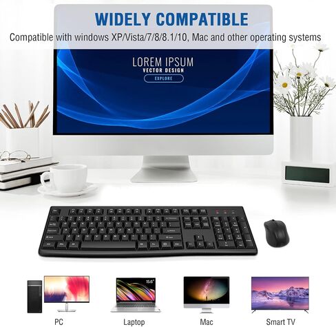 مجموعة لوحة مفاتيح وماوس لاسلكية للكمبيوتر من EDJO، USB 2.4 جيجا هرتز، التوصيل والتشغيل | تصميم بالحجم الكامل، مفاتيح هادئة، 12 مفتاح تشغيل سريع للوسائط المتعددة، وضع السكون التلقائي، ماوس ضوئي لنظام التشغيل Windows، Mac، الكمبيوتر المحمول/سطح المكتب/الكم in Kuwait