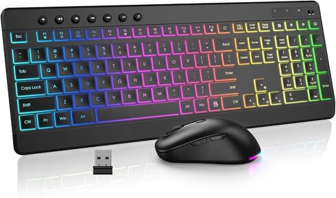 مجموعة لوحة مفاتيح وماوس لاسلكية من EDJO، 10 تأثيرات بإضاءة خلفية، لوحة مفاتيح USB صامتة كاملة الحجم قابلة لإعادة الشحن 2.4 جيجا هرتز مع 6 أزرار ماوس RGB للكمبيوتر المحمول والكمبيوتر الشخصي in Kuwait