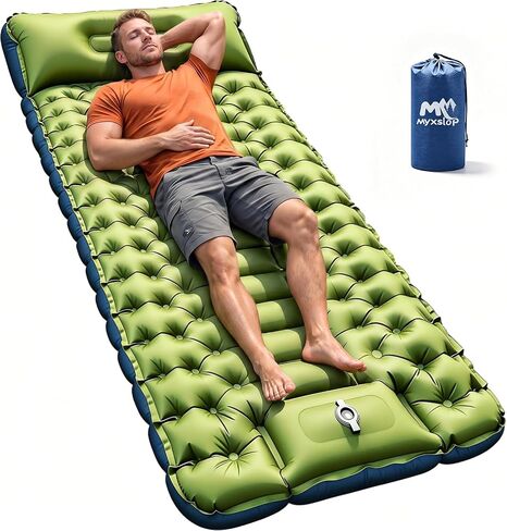 Myxslop Ultralight 50D Camping Sleeping Pad for Backpacking, Hiking, Tent | 30s Foot-Pump, 1.5lbs Packable, Built-in Pillow, Anti-Bottoming Honeycomb, TPU Laminated, Snaps for Double Bed, Green in Saudi Arabia