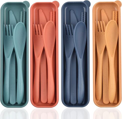 Zoyiancy 4 Sets Cutlery Set, Reusable Spoon Knife Fork Chopsticks Lunch Box | Spoon Knife Fork Chopsticks Lunch Box, Wheat Straw, Easy To Carry, Dishwasher Safe, Office School Camping Travel Daily Use in Saudi Arabia