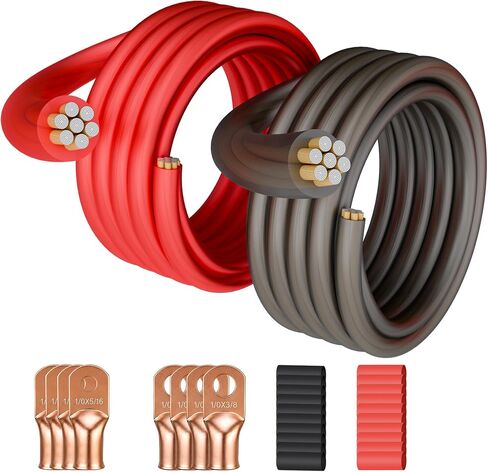 0 Gauge Wire Kit (2-Pack, 50FT Red + 50 FT Black), 1/0 AWG Power Ground Battery Cable, Copper Clad Aluminum, for Car Audio, RV, Car Amplifier, with Lugs & Heat Shrink Tubing in Saudi Arabia