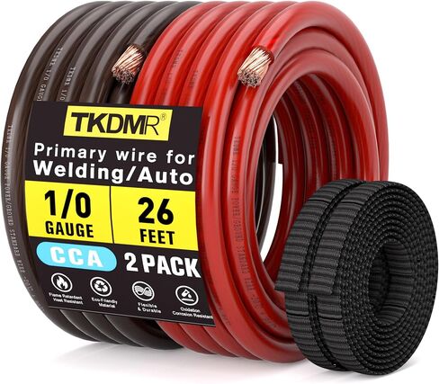 0 Gauge Wire CCA Battery Cable - for Automotive Power Ground, Car Audio, RV, Amp Wiring Kit 26 feet Each- Black/Red with 52FT Cable Sleeves (26 FT Black +26 FT Red +52FT Cable Sleeves, 1/0 Gauge Wire) in Kuwait