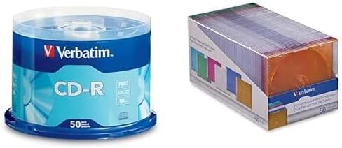 Verbatim CD-R 50 قرصًا محوريًا + 50 حقيبة تخزين رفيعة بألوان متنوعة - حزمة تسجيل البيانات والموسيقى in Kuwait