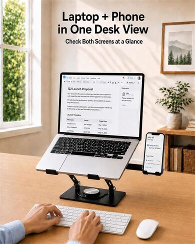 2-in-1 Laptop Stand with Phone Holder, 360° Swivel Laptop Riser for Desk | Fits 10-16 Inch Laptops, Height and Angle Adjustment, Carbon Steel Frame, Silicone Contact Pads, Fold-Flat Storage, 1 Pack in Kuwait