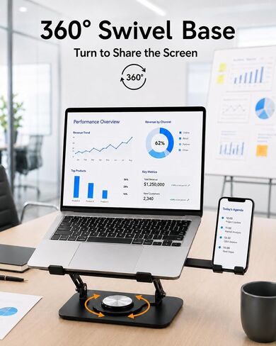 2-in-1 Laptop Stand with Phone Holder, 360° Swivel Laptop Riser for Desk | Fits 10-16 Inch Laptops, Height and Angle Adjustment, Carbon Steel Frame, Silicone Contact Pads, Fold-Flat Storage, 1 Pack in Kuwait