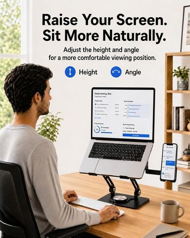 2-in-1 Laptop Stand with Phone Holder, 360° Swivel Laptop Riser for Desk | Fits 10-16 Inch Laptops, Height and Angle Adjustment, Carbon Steel Frame, Silicone Contact Pads, Fold-Flat Storage, 1 Pack in Kuwait
