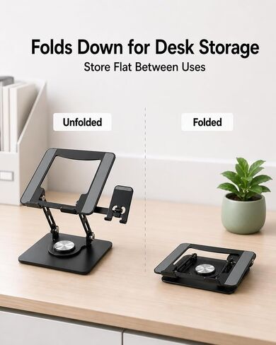 2-in-1 Laptop Stand with Phone Holder, 360° Swivel Laptop Riser for Desk | Fits 10-16 Inch Laptops, Height and Angle Adjustment, Carbon Steel Frame, Silicone Contact Pads, Fold-Flat Storage, 1 Pack in Kuwait