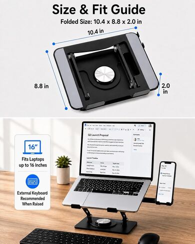 2-in-1 Laptop Stand with Phone Holder, 360° Swivel Laptop Riser for Desk | Fits 10-16 Inch Laptops, Height and Angle Adjustment, Carbon Steel Frame, Silicone Contact Pads, Fold-Flat Storage, 1 Pack in Kuwait