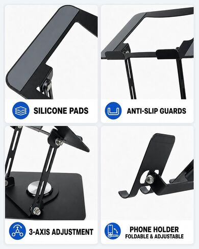 2-in-1 Laptop Stand with Phone Holder, 360° Swivel Laptop Riser for Desk | Fits 10-16 Inch Laptops, Height and Angle Adjustment, Carbon Steel Frame, Silicone Contact Pads, Fold-Flat Storage, 1 Pack in Kuwait