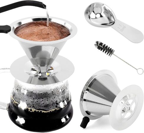 Pour Over Coffee Dripper With Cleaning Brush & 15g Measuring Scoop,Stainless Steel Reusable Double Micro Coffe Mesh Filter,Keeping Nature Coffe Flavour(1-3cups-225ml) in Kuwait