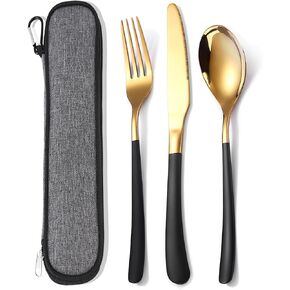 MURRI&MURRDI Travel Stainless Steel Cutlery Set for 1, Reusable Flatware Set with Case, Camping Silverware Set for Work, Knife Fork Spoon Utensil Set 3 Piece (Pink Gold) in Kuwait