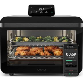 مجموعة مقلاة الهواء الذكية من تشيف iQ MiniOven، فرن حراري 11 في 1، خبز، شويل، قلي الهواء، شواء، تجفيف، 1750 وات، سعة 25 كيو تي، طهي سريع مع عناصر تحكم تعمل باللمس - أسود in Kuwait