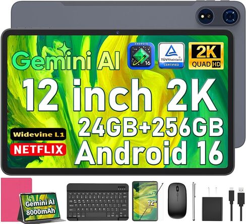 جهاز لوحي Android 16 مع لوحة مفاتيح - جهاز لوحي مقاس 12 بوصة بسعة 26 جيجابايت + 256 جيجابايت + 2 تيرابايت توسيع | تابلت 12 بوصة مع 2000x1200 IPS، Gemini AI، 8000 مللي أمبير، 8 النواة، GPS، كمبيوتر لوحي بشاشة كبيرة مع حافظة، ماوس، قلم (أسود) in Kuwait