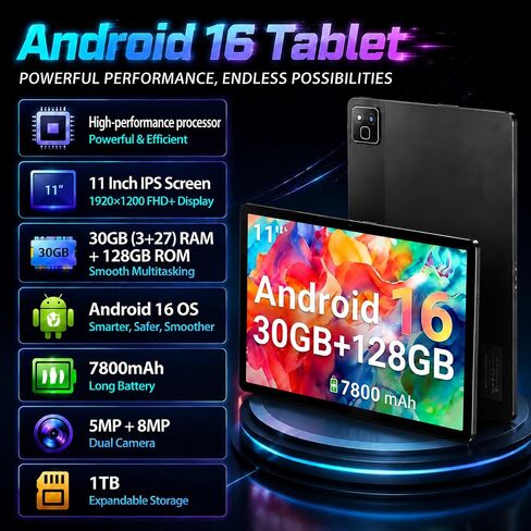 2026 Latest 11 Inch Android 16 Tablet, Tablet with 30GB RAM+128GB ROM, 1TB Expandable, 1280 * 800 Eye-Care LCD Display, 7800mAh Battery, WiFi 6+BT5.4 Ultra-Thin Tablet for Study Entertainment in Saudi Arabia